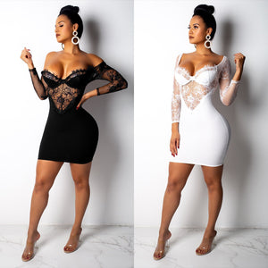 BacklakeGirls 2020 Sexy White Black Lace Open Back Long Sleeve Cocktail Dress Off Shoulder V Neck Woman Dress Robe Sexy - SWAGG FASHION
