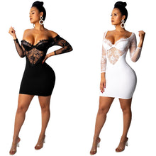 Load image into Gallery viewer, BacklakeGirls 2020 Sexy White Black Lace Open Back Long Sleeve Cocktail Dress Off Shoulder V Neck Woman Dress Robe Sexy - SWAGG FASHION
