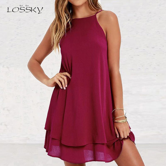 Lossky Women Summer Backless Chiffon Dress Sexy Spaghetti Strap Mini Casual Loose Dresses Fashion Women's Black Red Dress Girl - SWAGG FASHION