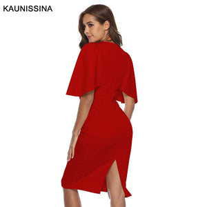 KAUNISSINA Elegant Cocktail Dress Bodycon Solid Knee Length Formal Party Gowns Back Split Robe Homecoming Dresses - SWAGG FASHION