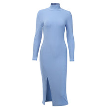 Load image into Gallery viewer, WannaThis Sexy Knee-Length Party Dresses Cotton Ribbed Knitted Turtleneck Solid Split Long Sleeve Autumn Mock Neck Elegant Dress - SWAGG FASHION
