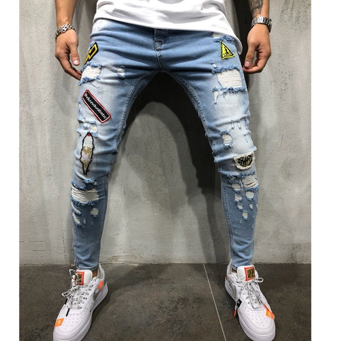 Jeans Men Fashion Streetwear Men's Hip Hop Jeans Vintage Gray Color Skinny Destroyed Ripped Jeans Broken Punk Pants Homme AB11 - SWAGG FASHION