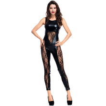 Load image into Gallery viewer, New PU Leather Jumpsuit Women Skinny Lace Mesh Patchwork Bodysuit Latex Catsuit Fetish Wear Sexy Pole Dance Lingerie Costume - SWAGG FASHION
