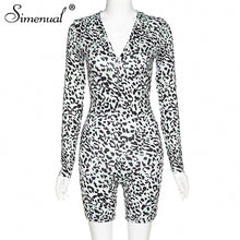 Load image into Gallery viewer, Simenual Leopard V Neck Fitness Wokout Biker Playsuits Long Sleeve Fashion Casual Skinny Rompers Womens Jumpsuit Active Wear Hot - SWAGG FASHION
