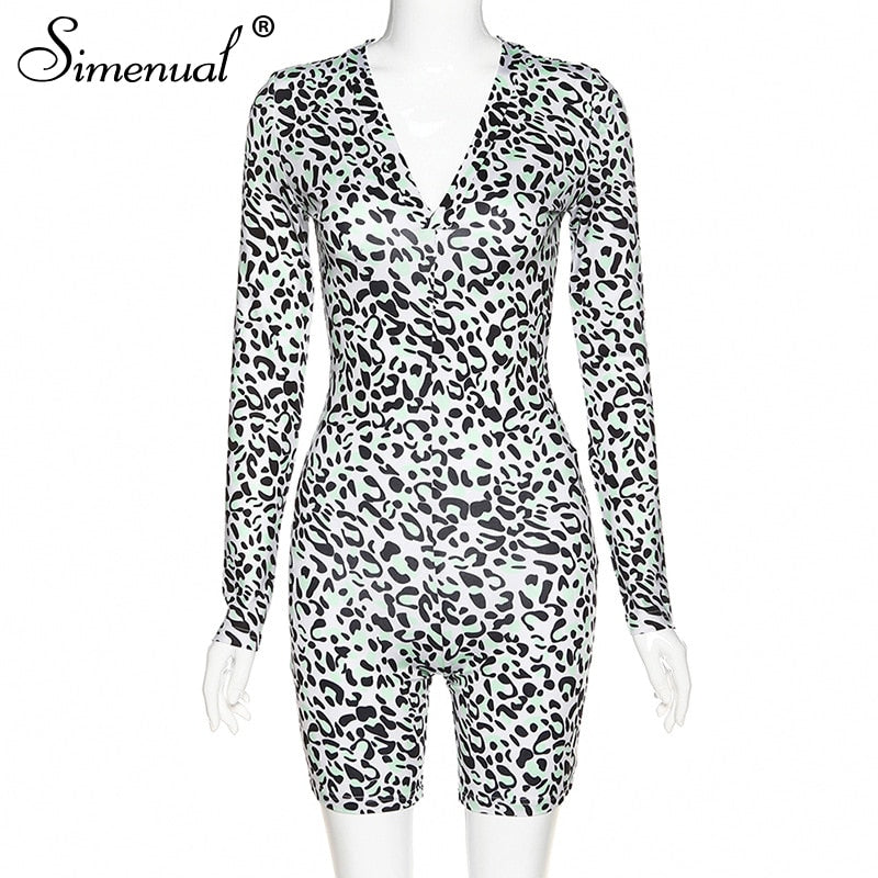 Simenual Leopard V Neck Fitness Wokout Biker Playsuits Long Sleeve Fashion Casual Skinny Rompers Womens Jumpsuit Active Wear Hot - SWAGG FASHION