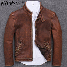 Load image into Gallery viewer, Retro Genuine Leather Jacket Men Autumn Motorcycle Leather Coat 100% Real Cow Leather Jackets Slim Vintage 2019 S681 KJ3210 - SWAGG FASHION
