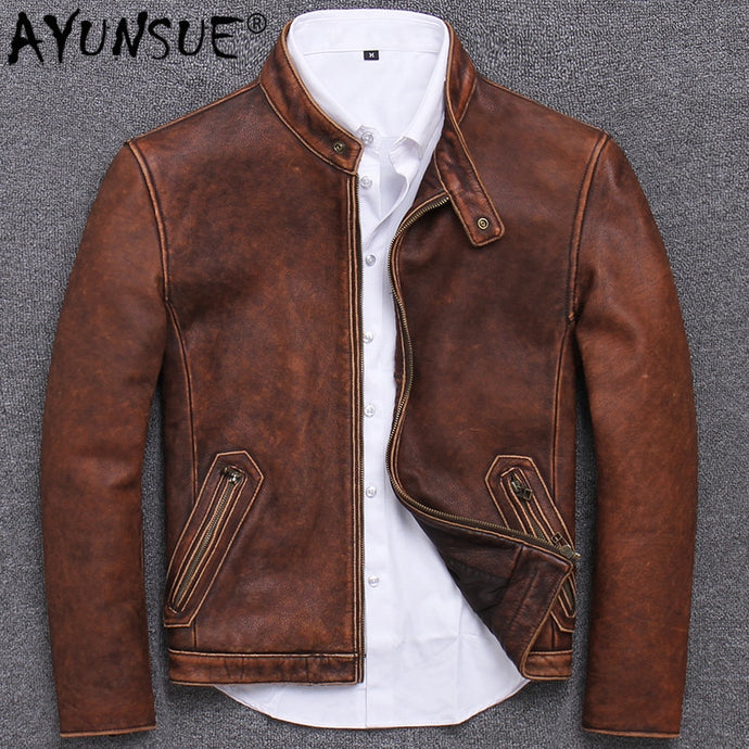 Retro Genuine Leather Jacket Men Autumn Motorcycle Leather Coat 100% Real Cow Leather Jackets Slim Vintage 2019 S681 KJ3210 - SWAGG FASHION