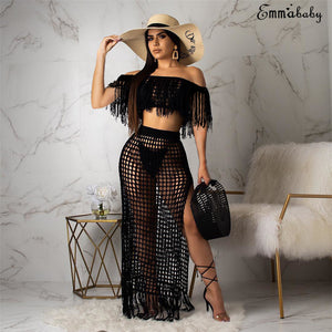 2019 Womens Off Shoulder Cover up See-through Hollow Sleeveless Tassel Summer Bathing Suit Solid Bikinis 2Pcs Swimwear Swimsuit - SWAGG FASHION