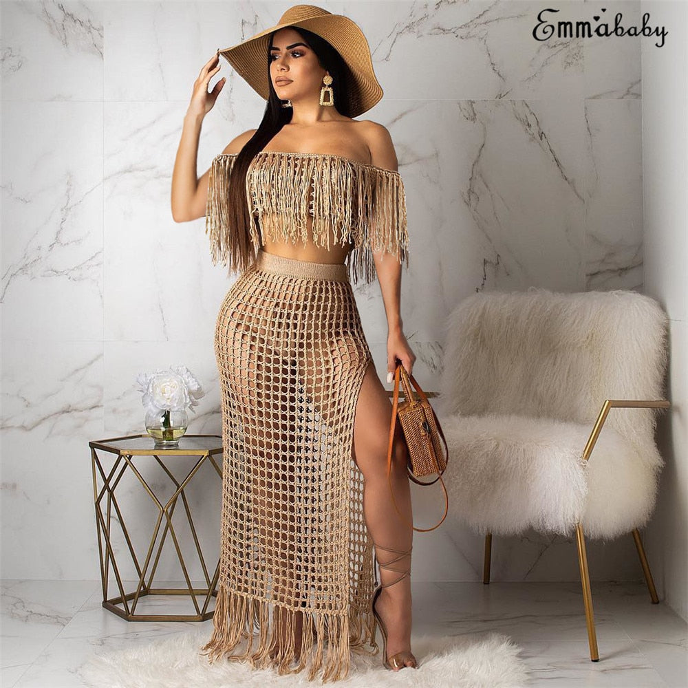 2019 Womens Off Shoulder Cover up See-through Hollow Sleeveless Tassel Summer Bathing Suit Solid Bikinis 2Pcs Swimwear Swimsuit - SWAGG FASHION