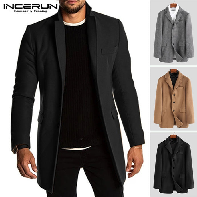 INCERUN Winter Men Trench Faux Fleece Blends Jackets Long Sleeve Solid Casual Business Coats Streetwear Men Brand Overcoats 2019 - SWAGG FASHION