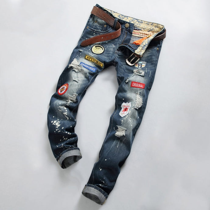 Men's Denim Hip Hop Patchwork Spliced Pants Ripped Jeans Full Length Straight Slim Men Clothes 2020 Print Hole Trousers For Mens - SWAGG FASHION