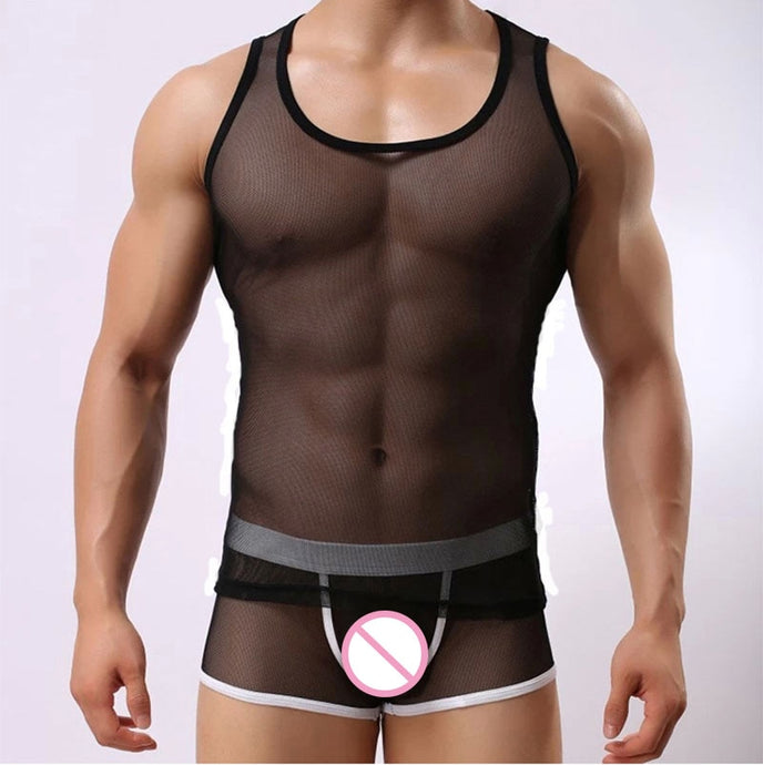 Sexy Men Tank Tops Transparent Mesh Sleepwear See Through Nightwear Sleeveless Tops Tees Sexy Underwear Male Black White Vest - SWAGG FASHION