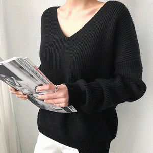 Womens Sweaters 2020 Autumn Winter Casual V Neck Women Pullover Sweater Solid Long Sleeve Fashion Loose Knitted Cashmere Top - SWAGG FASHION