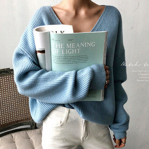 Womens Sweaters 2020 Autumn Winter Casual V Neck Women Pullover Sweater Solid Long Sleeve Fashion Loose Knitted Cashmere Top - SWAGG FASHION