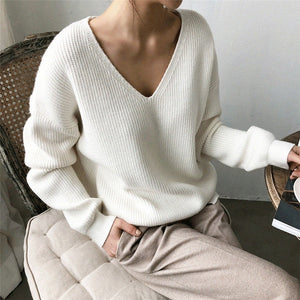 Womens Sweaters 2020 Autumn Winter Casual V Neck Women Pullover Sweater Solid Long Sleeve Fashion Loose Knitted Cashmere Top - SWAGG FASHION