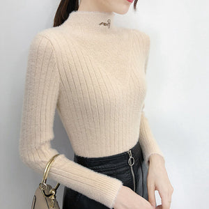 Women Half-Turtleneck Kintted Basic Sweater Solid Color Simple Pullover Feamle Long sleeve Slim Sweaters - SWAGG FASHION