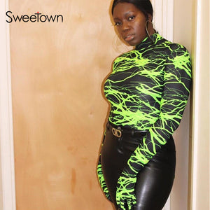 Sweetown Neon Color Lightning Print Woman Bodysuit With Gloves Autumn Winter 2019 Fashion Slim Turtleneck Long Sleeve Body Suits - SWAGG FASHION