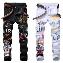 Load image into Gallery viewer, High Street Fashion Mens Jeans Klub Malam Hitam Putih Warna Desainer Pribadi Dicetak Celana Jeans Pria Punk Celana Kurus Hip Hop celana Jeans - SWAGG FASHION
