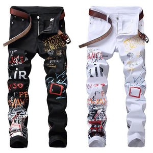 High Street Fashion Mens Jeans Klub Malam Hitam Putih Warna Desainer Pribadi Dicetak Celana Jeans Pria Punk Celana Kurus Hip Hop celana Jeans - SWAGG FASHION