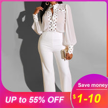 Load image into Gallery viewer, Autumn Winter Long Sleeve White Jumpsuit Elegant Lady Hollow out African Party Long Jumpsuit Wide Leg Office Wear Playsuit 2019 - SWAGG FASHION
