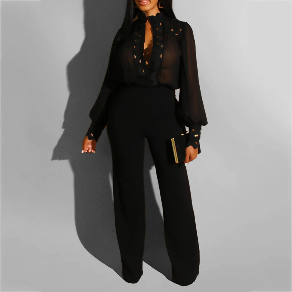 Autumn Winter Long Sleeve White Jumpsuit Elegant Lady Hollow out African Party Long Jumpsuit Wide Leg Office Wear Playsuit 2019 - SWAGG FASHION