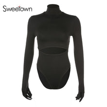 Load image into Gallery viewer, Sweetown Winter Fashion Cut Out Long Sleeve Basic Bodysuit With Gloves Slim Sexy Body Mujer Turtleneck Rompers Women Bodysuits - SWAGG FASHION
