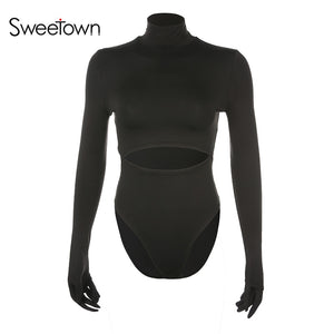 Sweetown Winter Fashion Cut Out Long Sleeve Basic Bodysuit With Gloves Slim Sexy Body Mujer Turtleneck Rompers Women Bodysuits - SWAGG FASHION