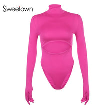 Load image into Gallery viewer, Sweetown Winter Fashion Cut Out Long Sleeve Basic Bodysuit With Gloves Slim Sexy Body Mujer Turtleneck Rompers Women Bodysuits - SWAGG FASHION
