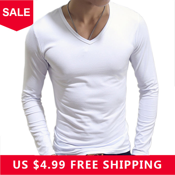 V Neck Mens T Shirts Plain Long Sleeve T Shirt Men Slim Fit Undershirt Armor Summer Casual Tees Tops Underwear Tshirts - SWAGG FASHION