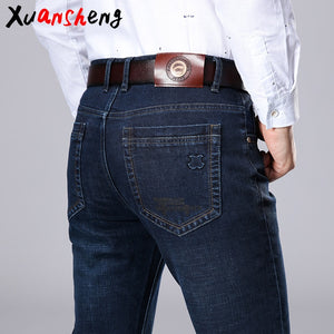 Xuansheng brand  men's jeans 2020 new autumn winter thick business work casual stretch slim jeans classic pants blue black jeans - SWAGG FASHION