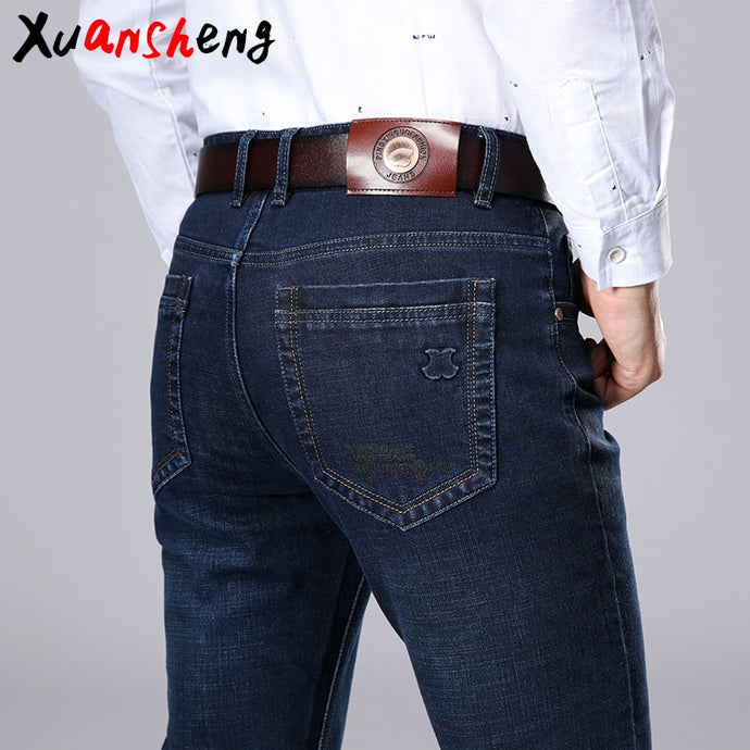 Xuansheng brand  men's jeans 2020 new autumn winter thick business work casual stretch slim jeans classic pants blue black jeans - SWAGG FASHION