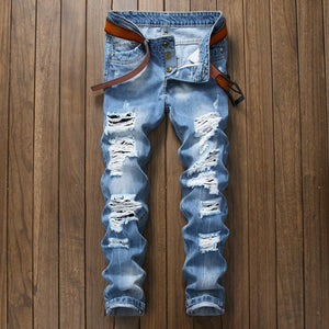 Denim Trousers Straight Washed with Pleated Ripped holes button skinny biker jeans blue 2018 slim fit jeans men pants hot sale - SWAGG FASHION