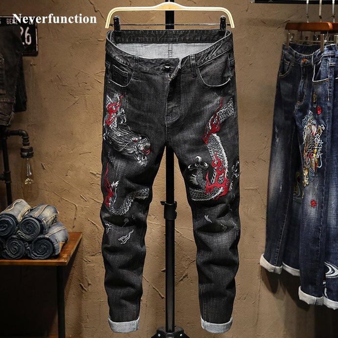 Men streetwear Slim fit Dragon embroidery Stretch Jogger Jeans  fashion Man Hip hop cotton Casual Straight denim trousers - SWAGG FASHION