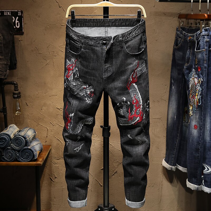 Men streetwear Slim fit Dragon embroidery Stretch Jogger Jeans  fashion Man Hip hop cotton Casual Straight denim trousers - SWAGG FASHION