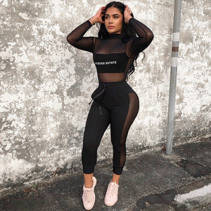 Sexy Mesh TWO PIECE SET Matching Outfits Nightclub 2 Pcs Suit Jogger Pants See Through Hollow Out Transparent Women Clothes Club - SWAGG FASHION