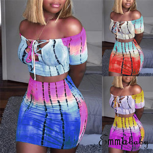 Sexy Hot Women 2 Piece Bodycon Clothes Sets Off Shoulder Tops T-shirt Lace Up Neck Crop Tops+Hot Skirts Striped Club Wear Sets - SWAGG FASHION